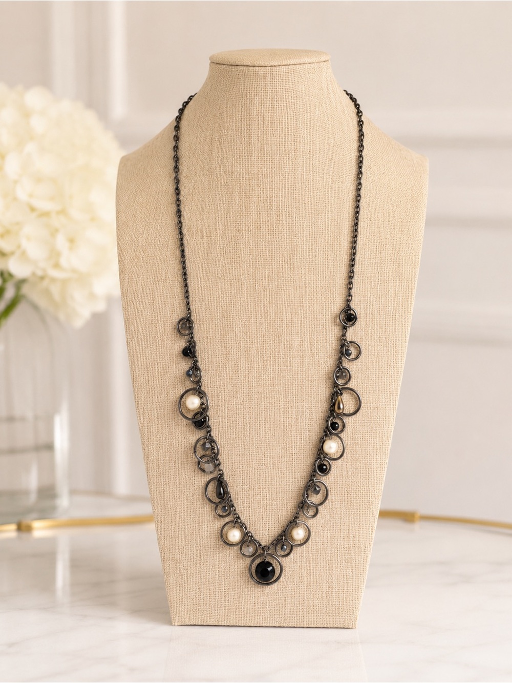 Pearl Accent Gunmetal Long Necklace 32” Layered Station Modern Boho Chic NWT
